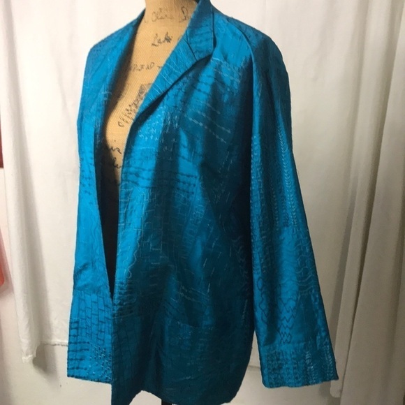 Chico’s Women’s Silk Teal Jacket Open Front Decorative Stitching Size M - Picture 2 of 13